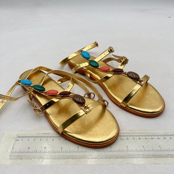 miss left Gold Chic Jewelled T-Strap Flat Gladiator Sandal Open Toe Buckled Shoe - Picture 3 of 7